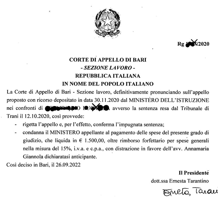 Sentenza corte di appello di Bari sul riconoscimento del servizio di pre-ruolo